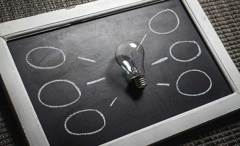 A lightbulb sitting on a blackboard with thought bubbles surrounding it, written in chalk.